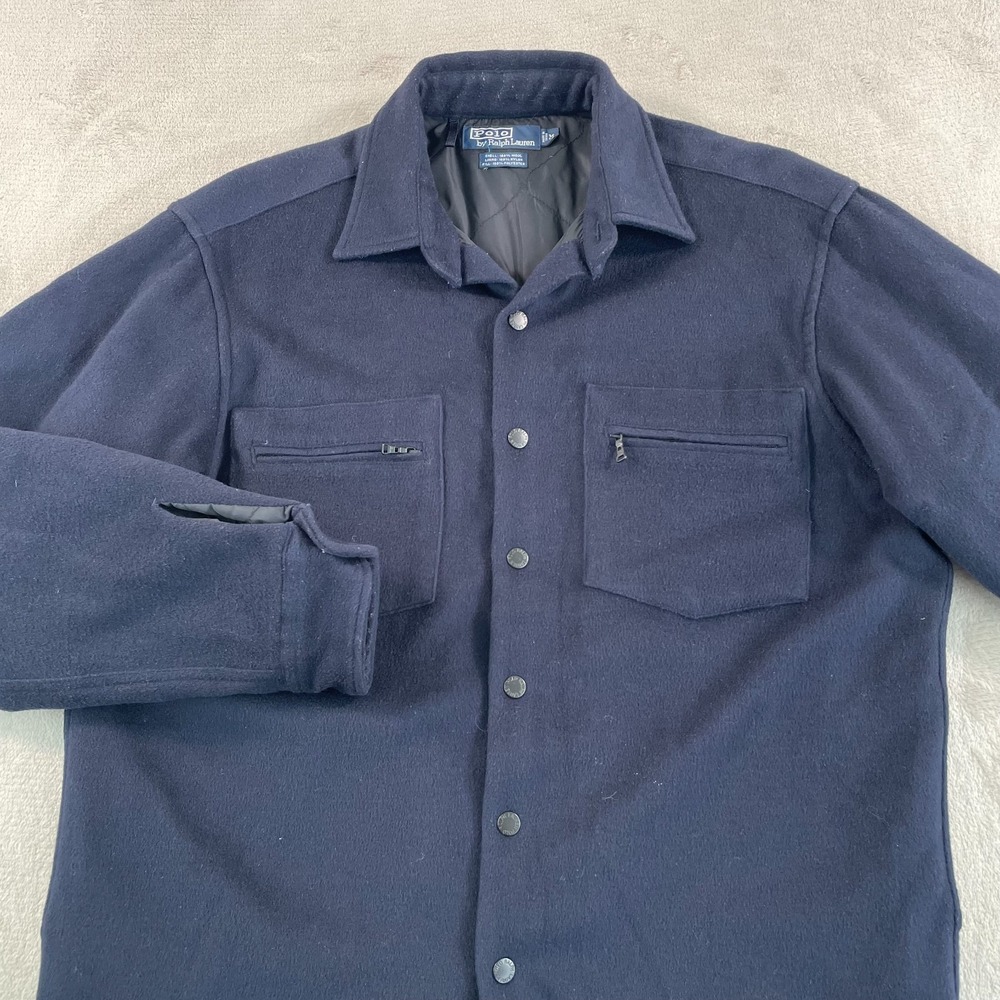 Polo Ralph Lauren Jacket Men Medium Navy 100% Wool Snap Up Quilt Lined Designer